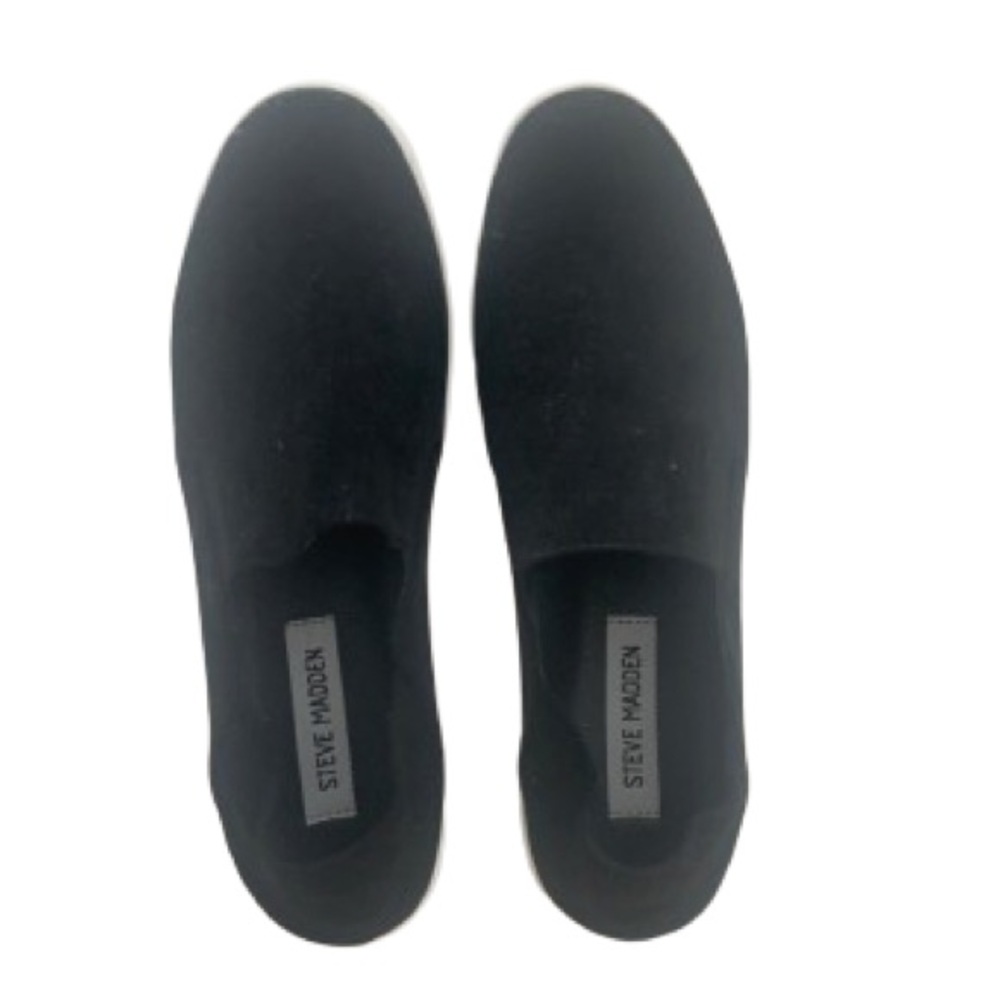 Steve‎ Madden Black Canvas Slip Ons in Black with White Soles